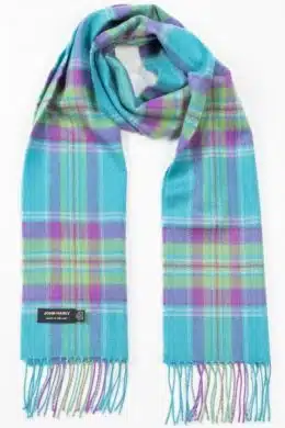 John Hanly Merino Luxury Wool Scarf Aqua Purple Green Plaid