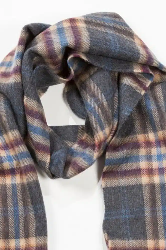 John Hanly Merino Luxury Wool Scarf Charcoal Beige Maroon Check