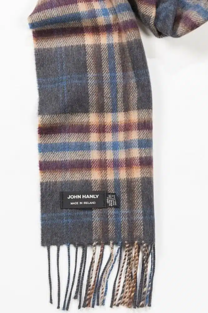 John Hanly Merino Luxury Wool Scarf Charcoal Beige Maroon Check