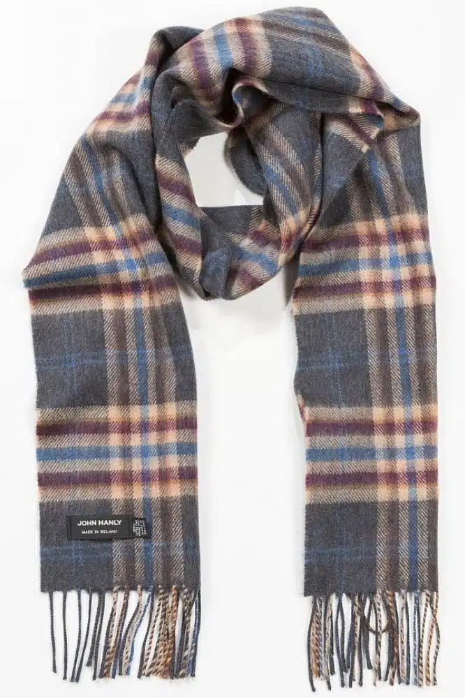 John Hanly Merino Luxury Wool Scarf Charcoal Beige Maroon Check