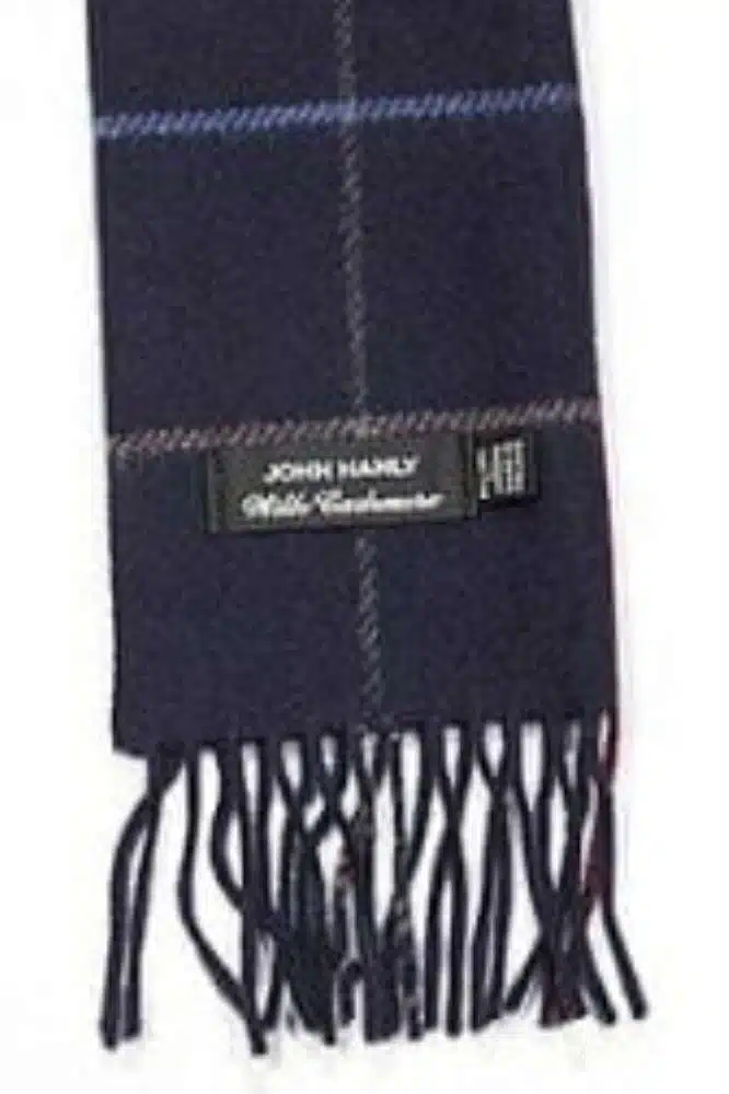 John Hanly Irish Cashmere Wool Scarf Navy Red and Denim Window Pane