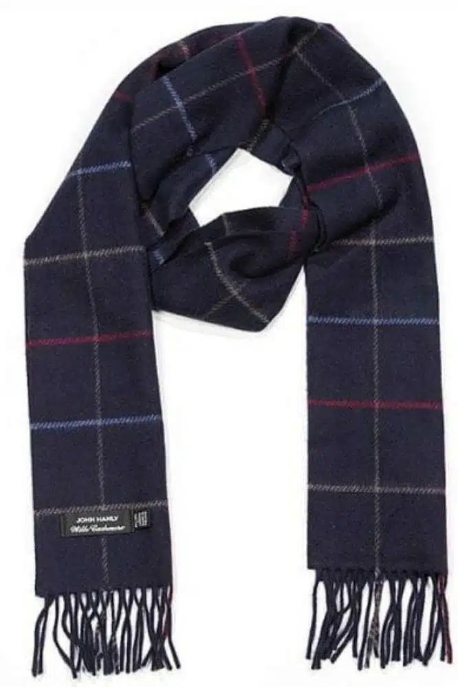 John Hanly Irish Cashmere Wool Scarf Navy Red and Denim Window Pane