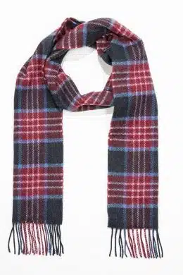 John Hanly Irish Wool Scarf Long Burgundy Denim Navy Plaid