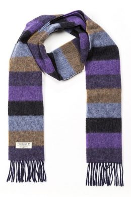 John Hanly Irish Wool Scarf Long Purple Charcoal Blue Tan Stripe