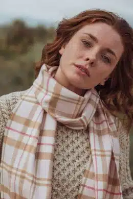 John Hanly Merino Luxury Wool Scarf Baby Pink White Check