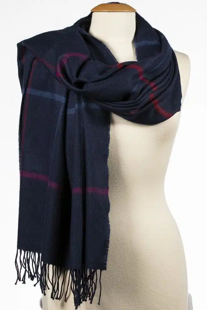 John Hanly Oversized Merino Scarf Navy Black Pink Overcheck