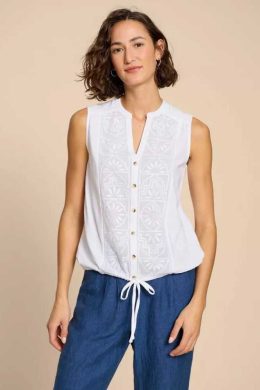 White Stuff Tulip Jersey Sleeveless Shirt White Print- La Vie en Rose Damesmode