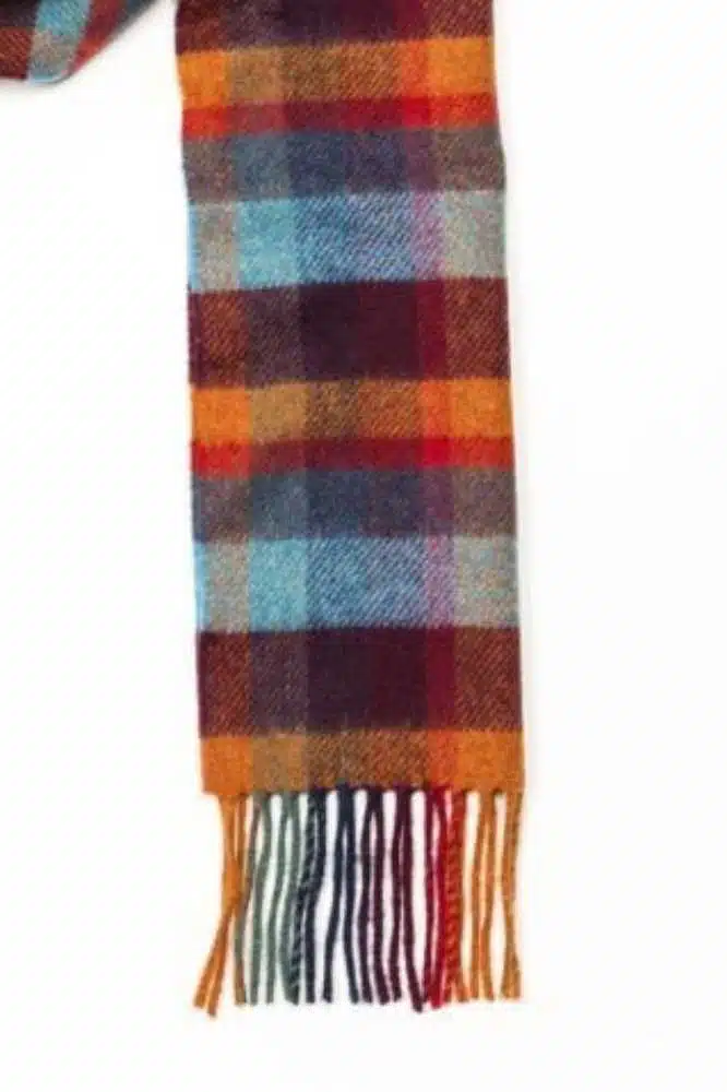 John Hanly Irish Wool Scarf Long 1924 Orange Teal and Denim Blue Small Block Check