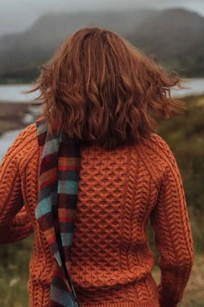 John Hanly Irish Wool Scarf Long 1924 Orange Teal and Denim Blue Small Block Check