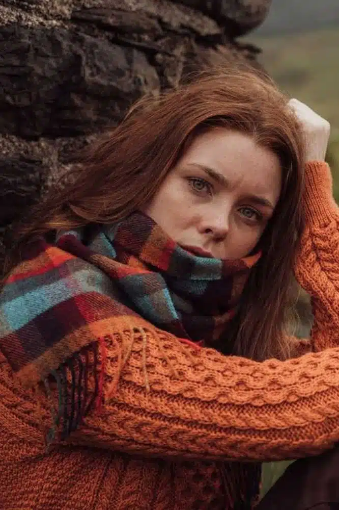 John Hanly Irish Wool Scarf Long 1924 Orange Teal and Denim Blue Small Block Check