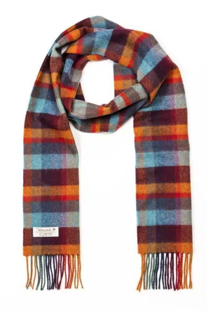 John Hanly Irish Wool Scarf Long 1924 Orange Teal and Denim Blue Small Block Check