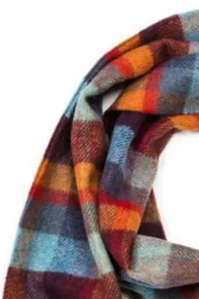 John Hanly Irish Wool Scarf Long 1924 Orange Teal and Denim Blue Small Block Check