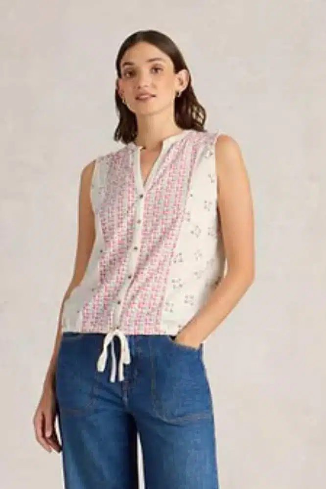 White Stuff Tulip Jersey Sleeveless Shirt Pink Print - La Vie en Rose Damesmode
