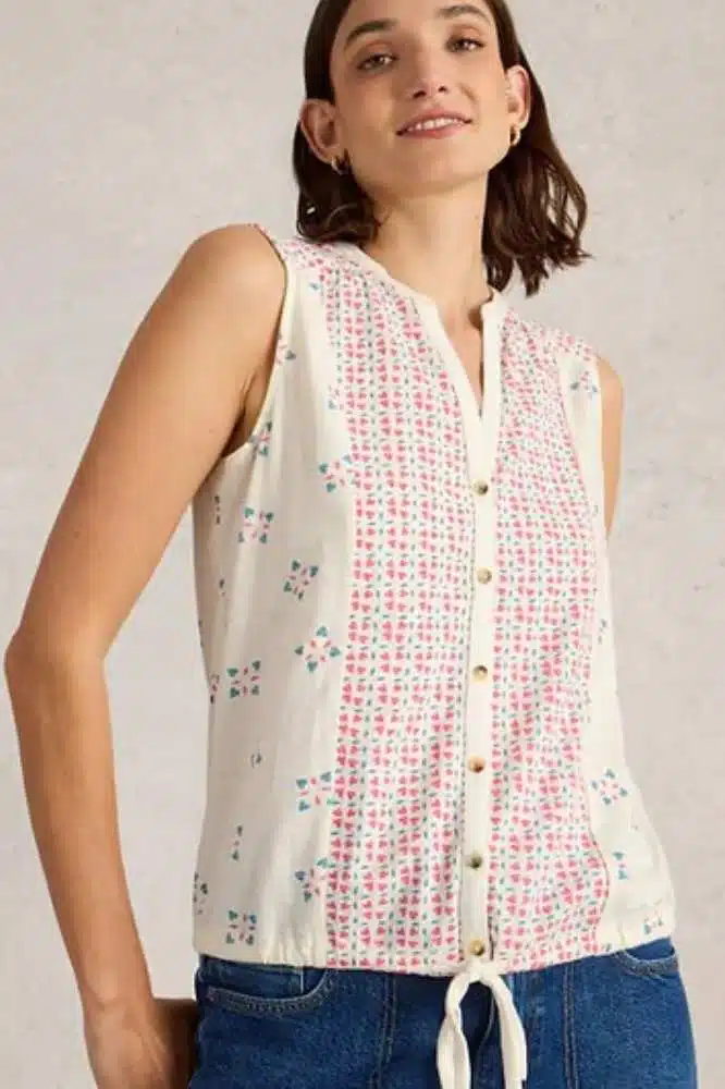 White Stuff Tulip Jersey Sleeveless Shirt Pink Print - La Vie en Rose Damesmode