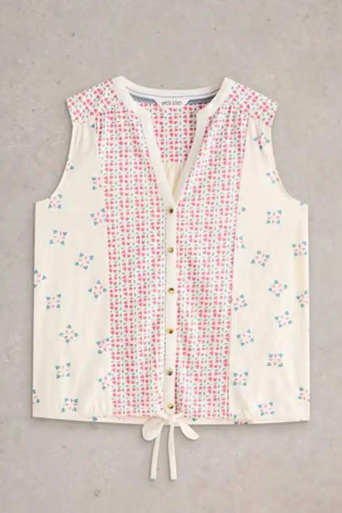 White Stuff Tulip Jersey Sleeveless Shirt Pink Print - La Vie en Rose Damesmode