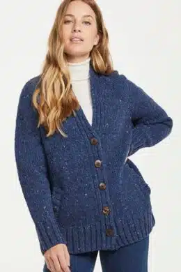 Aran Woollen Mills Ladies Donegal Cardigan Side Pockets Denim - La Vie en Rose Damesmode