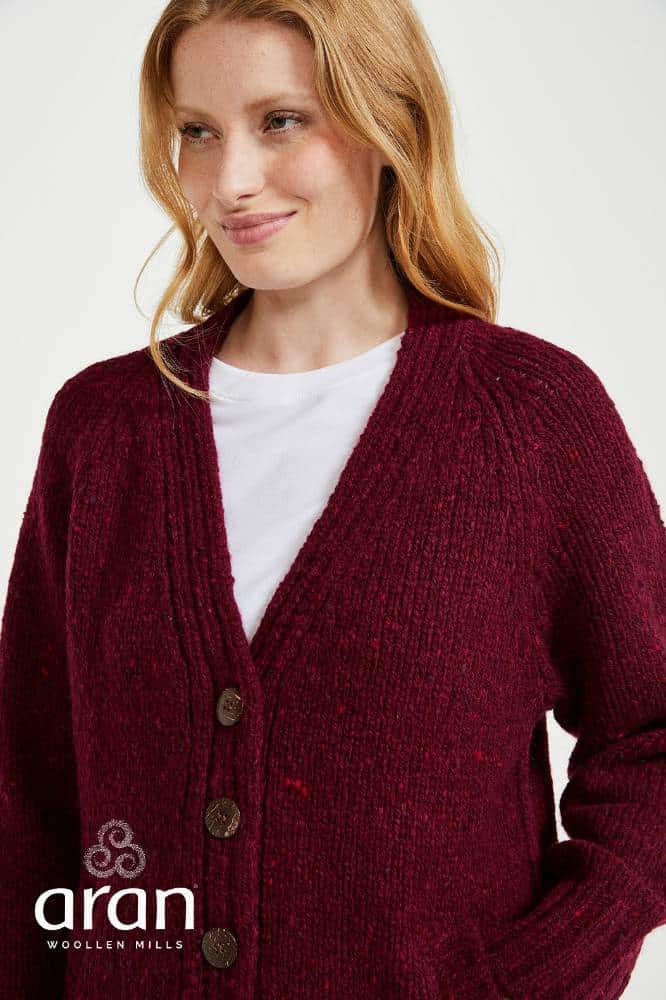 Aran Woollen Mills Ladies Donegal Cardigan Side Pockets Winter Berry - La Vie en Rose Damesmode