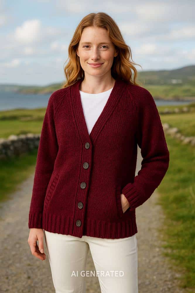 Aran Woollen Mills Ladies Donegal Cardigan Side Pockets Winter Berry - La Vie en Rose Damesmode