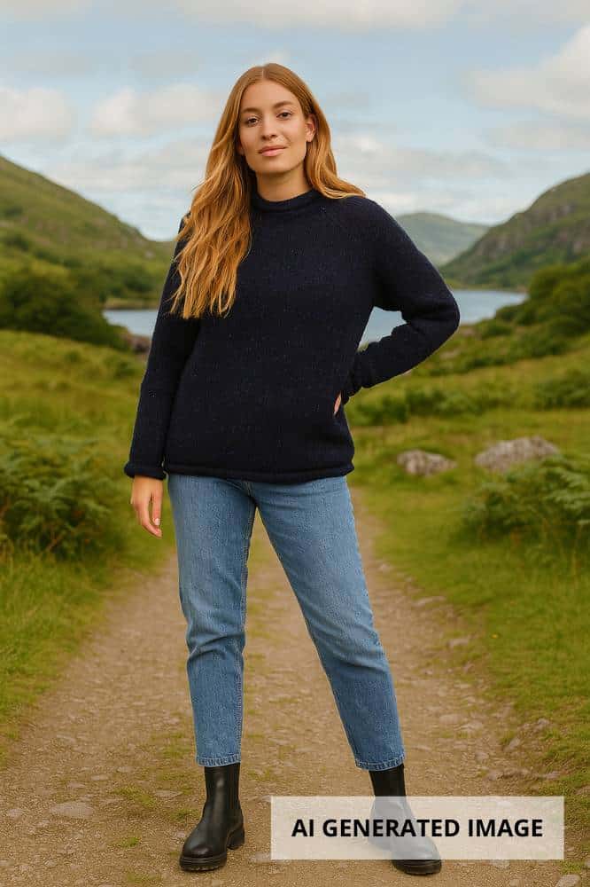 Aran Woollen Mills Ladies Roll Neck Raglan Crew Navy Nep - La Vie en Rose Damesmode