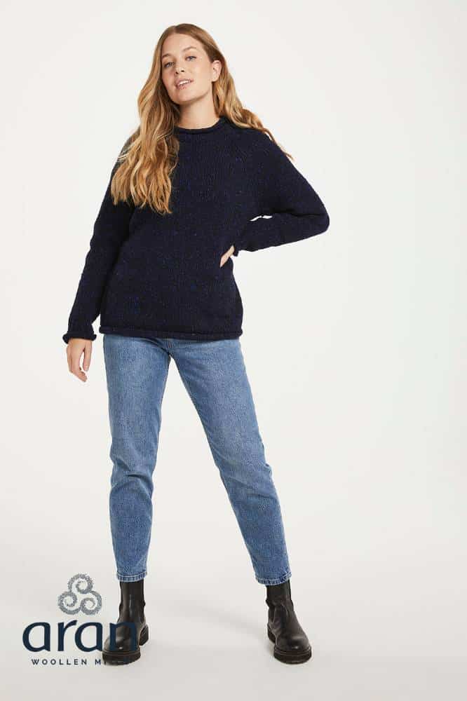 Aran Woollen Mills Ladies Roll Neck Raglan Crew Navy Nep - La Vie en Rose Damesmode