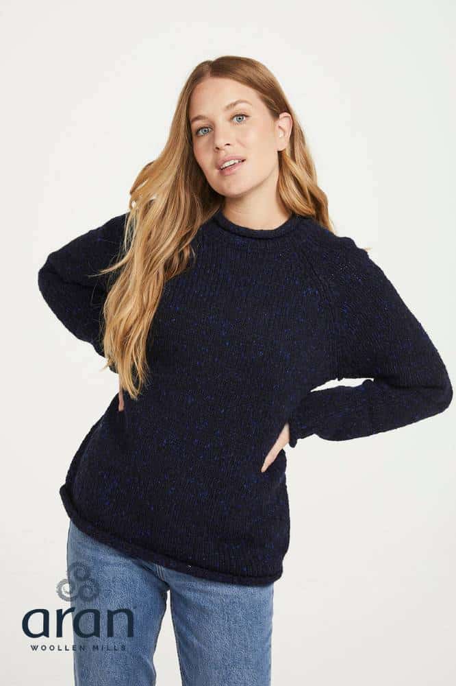 Aran Woollen Mills Ladies Roll Neck Raglan Crew Navy Nep - La Vie en Rose Damesmode