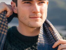 John Hanly Irish Wool Scarf Long 1912 Denim Navy Beige Block Check