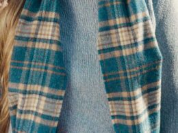 John Hanly Irish Wool Scarf Long 1992 Blue Beige Check