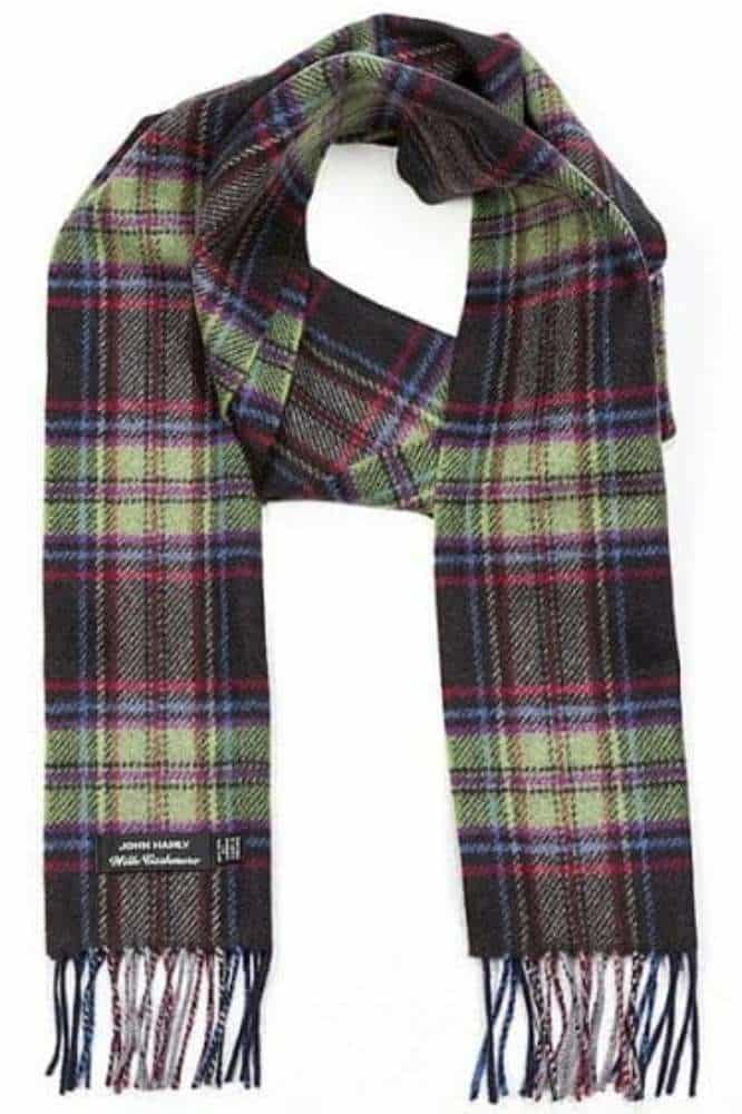 John Hanly Irish Cashmere Wool Scarf Blue Green Grey Check