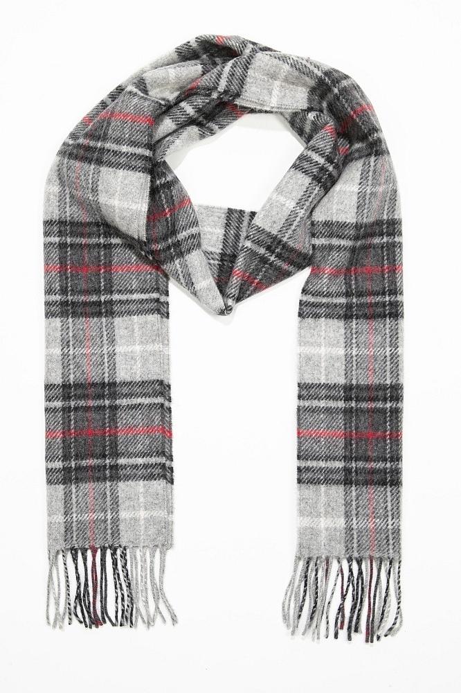 John Hanly Irish Wool Scarf Long Black Grey Red Check