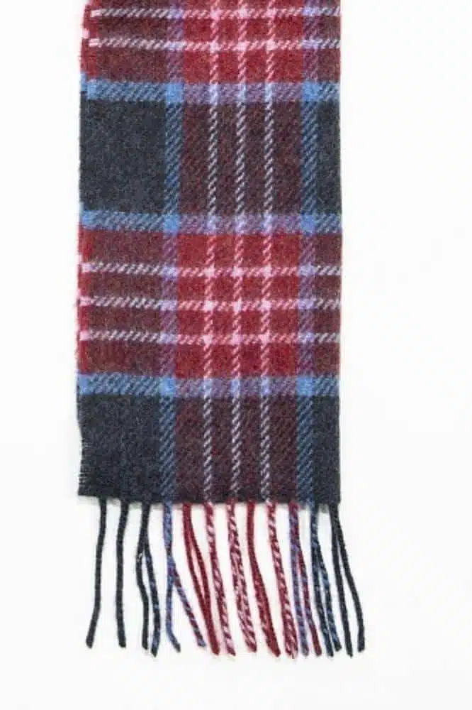 John Hanly Irish Wool Scarf Long Burgundy Denim Navy Plaid