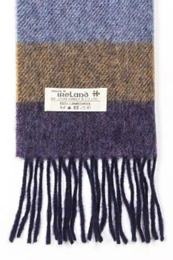 John Hanly Irish Wool Scarf Long Purple Charcoal Blue Tan Stripe