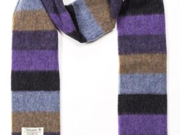 John Hanly Irish Wool Scarf Long Purple Charcoal Blue Tan Stripe
