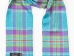 John Hanly Merino Luxury Wool Scarf Aqua Purple Green Plaid