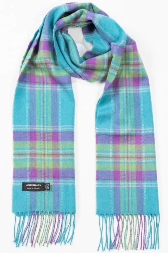John Hanly Merino Luxury Wool Scarf Aqua Purple Green Plaid