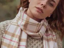 John Hanly Merino Luxury Wool Scarf Baby Pink White Check