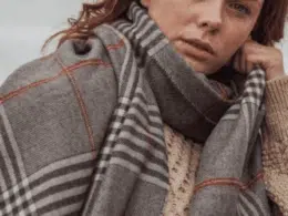 John Hanly Oversized Merino Scarf Grey Cream Red Check