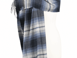 John Hanly Oversized Merino Scarf Silver Blue Navy Plaid