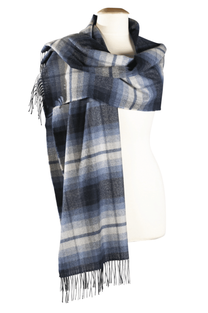 John Hanly Oversized Merino Scarf Silver Blue Navy Plaid