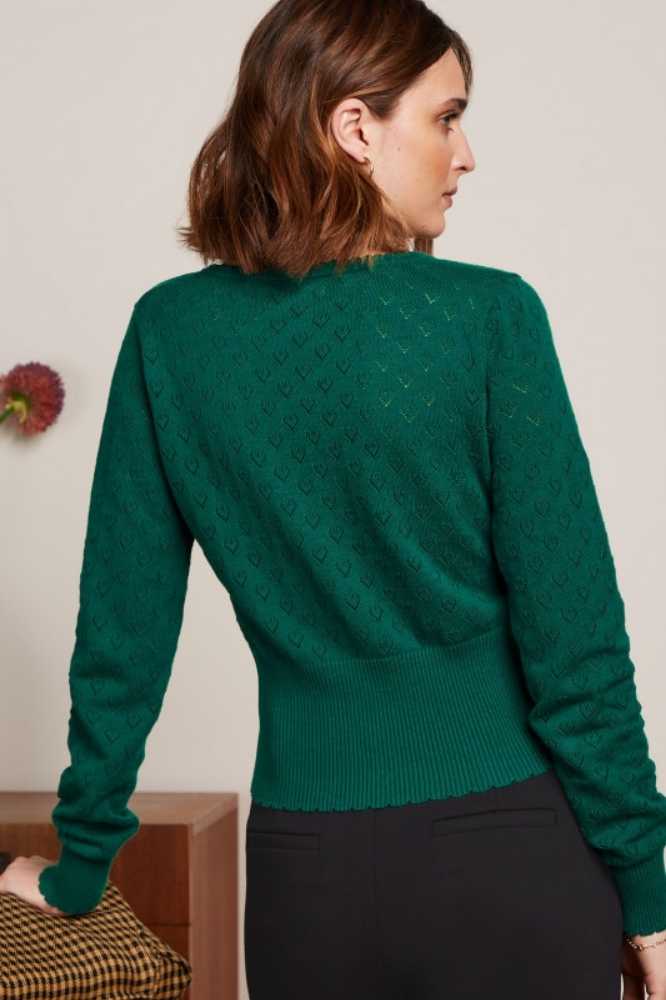 King Louie Cardi V Heart Ajour BCI Peacock Green - La Vie en Rose Damesmode