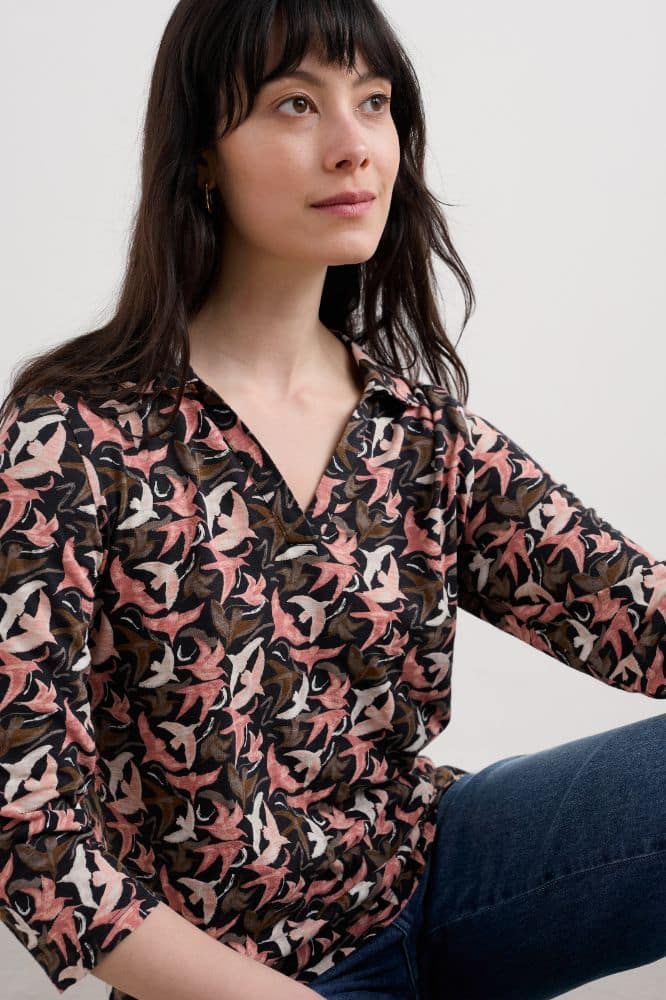 Seasalt Cornwall Wavecrest Jersey Shirt (GOTS) Swooping Birds Onyx - La Vie en Rose Damesmode