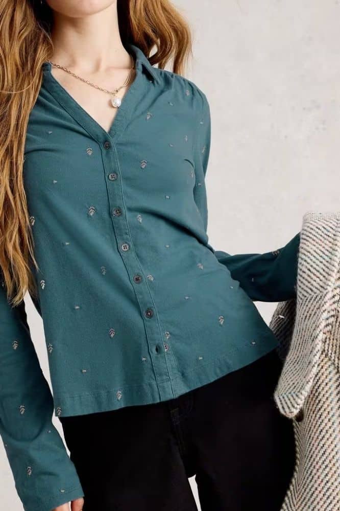 White Stuff Annie Embroidered Jersey Shirt Mid Blue - La Vie en Rose Damesmode