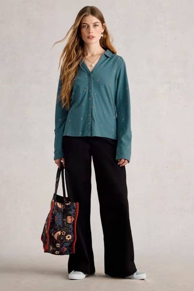 White Stuff Annie Embroidered Jersey Shirt Mid Blue - La Vie en Rose Damesmode