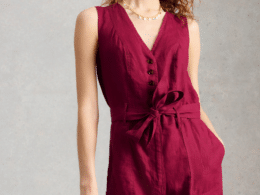 White Stuff Betty Linen Blend Jumpsuit Dark Pink