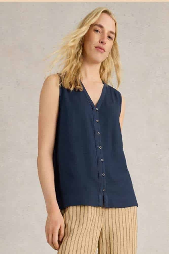 White Stuff Delilah Button Top Dark Navy - La Vie en Rose Damesmode