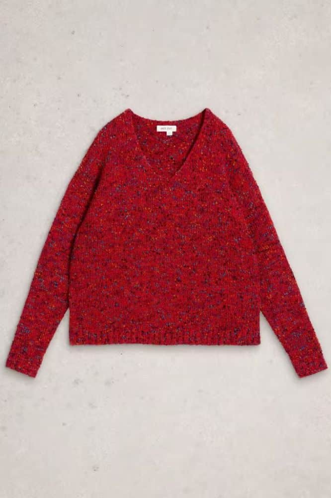 White Stuff Texture V Neck J umper Mid Red - La Vie en Rose Damesmode