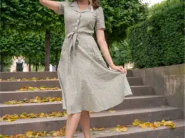 Very Cherry Revers Dress Midi Linen Stripe Olive