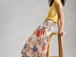 White Stuff Sun Shirred Midi Skirt Ivory Print