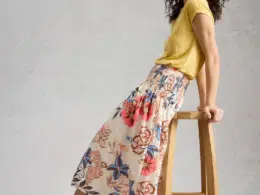 White Stuff Sun Shirred Midi Skirt Ivory Print