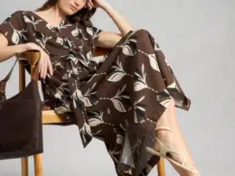 White Stuff Mimi Linen Blend Dress Brown Print