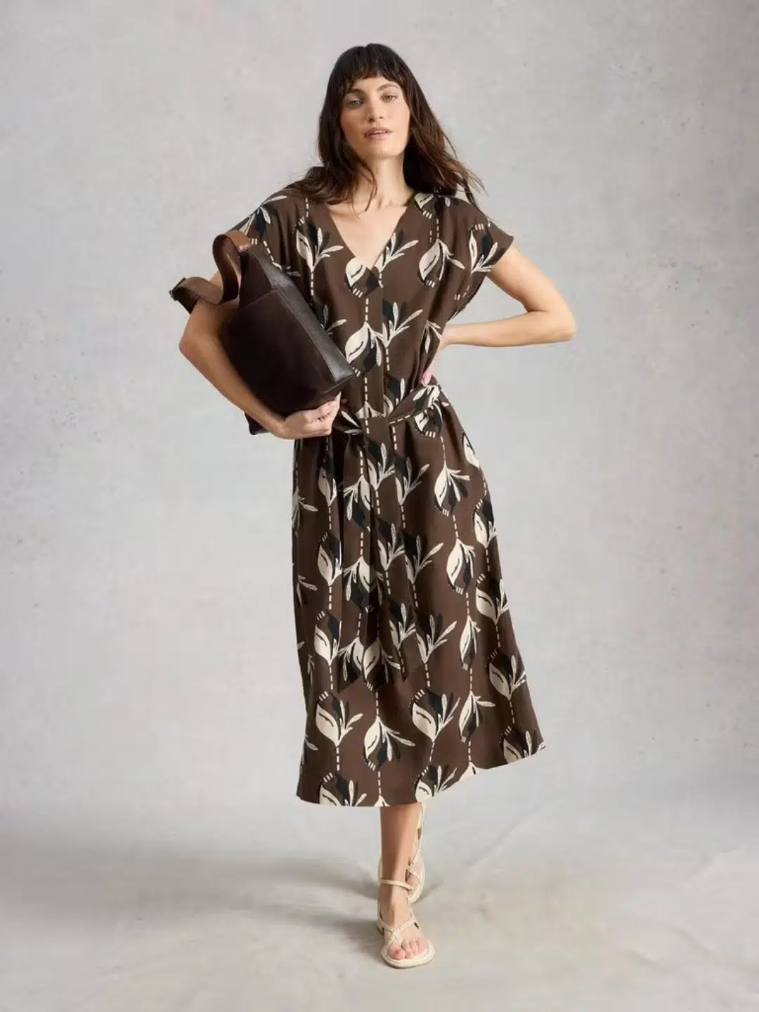 White Stuff Mimi Linen Blend Dress Brown Print